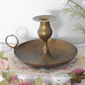 LARGE Vintage Antique Brass Metal Chamberstick Taper Candle Holder Decor